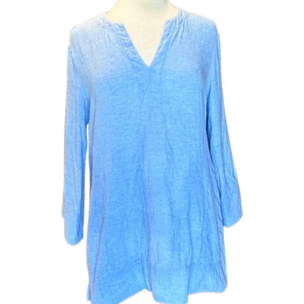 Land's End MSRP $55 Blue Vneck Tunic 3/4 Summer Top Casual Blouse Nautical SM